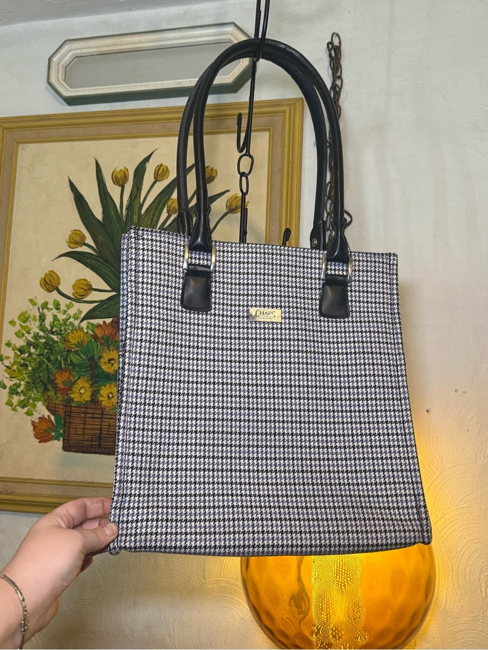 Chaps Black, White, & Purple Houndstooth Tote with Black Handles